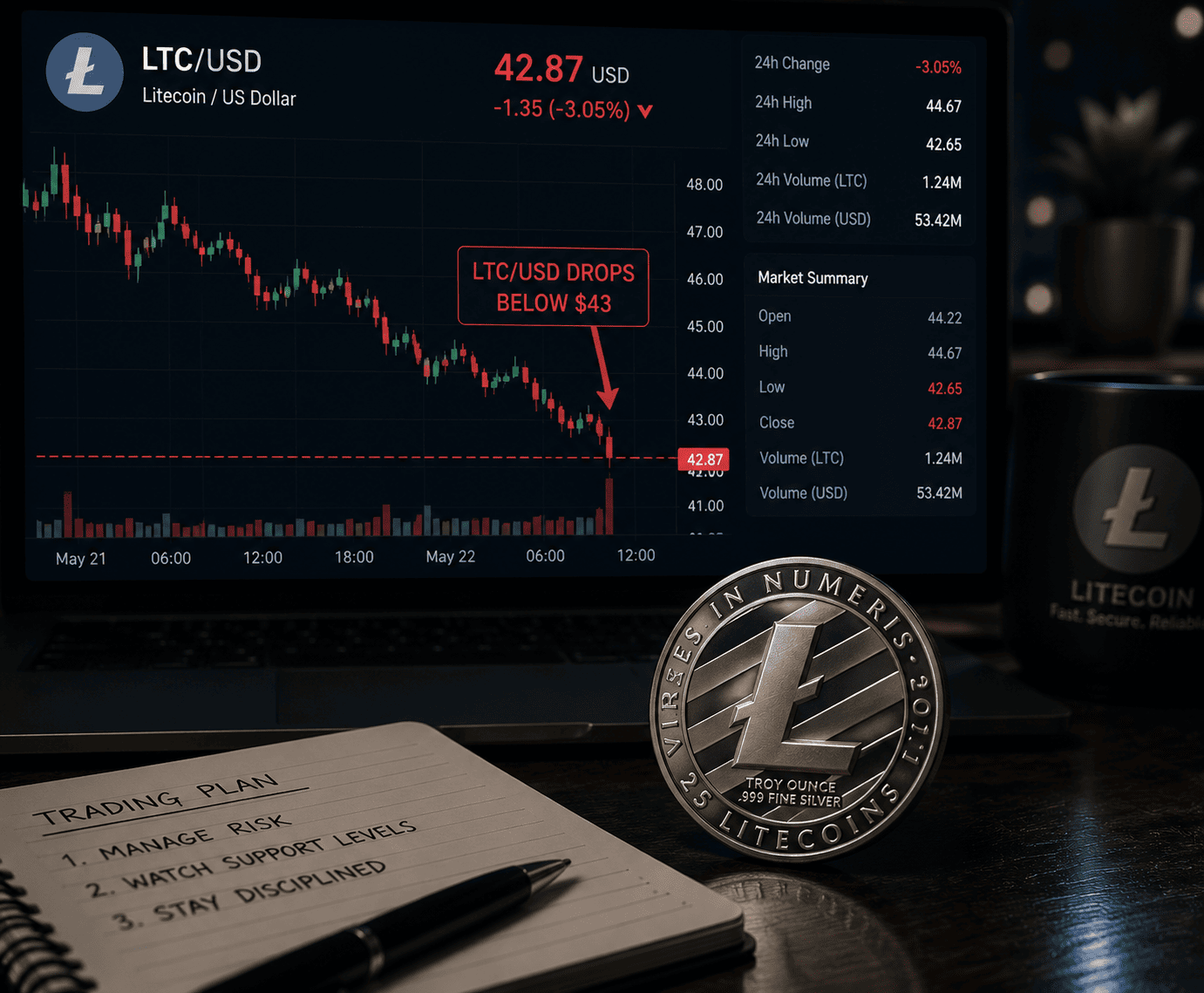 Litecoin Drops Below $43: Bearish Derivatives Signal Further Downside Risk